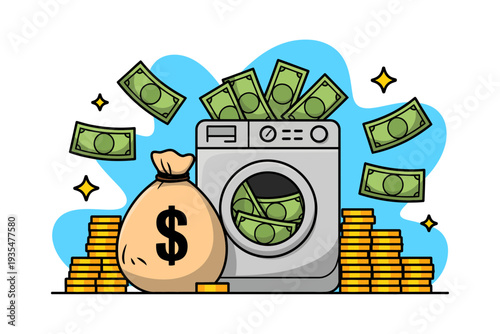 A cartoon washing machine overflowing with money and surrounded by stacks of gold coins and a money bag.