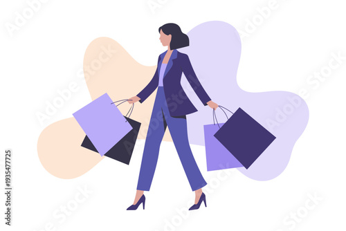 A businesswoman walking confidently with shopping bags in a modern, minimalist illustration