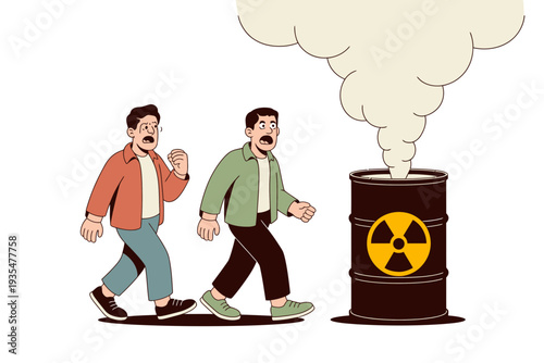 Two men walking away from a radioactive barrel with smoke coming out