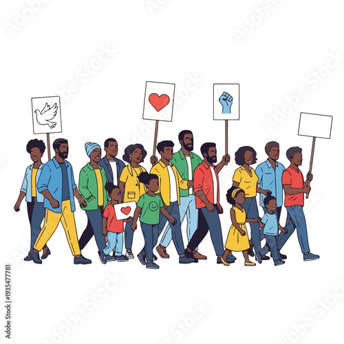 Diverse Group of People Marching with Signs.