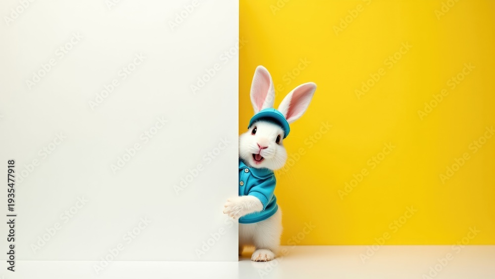 Obraz premium Cheerful White Easter Bunny Wearing Blue Cap and Shirt Peeking Behind Large White Blank Banner Mockup on Vibrant Yellow Background for Festive Delivery and Service Marketing