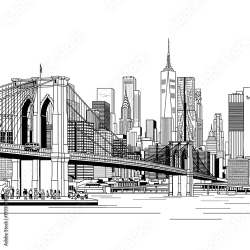 Modern city harbor view with bridge and skyscrapers