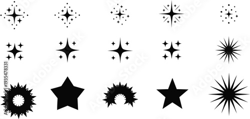 sparkle star icon set, shining sparkle elements, magic glitter symbols, starburst shapes, decorative shine icons, sparkle vector collection