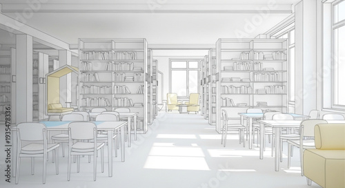 Modern Library Interior With Bookshelves and Seating Areas.