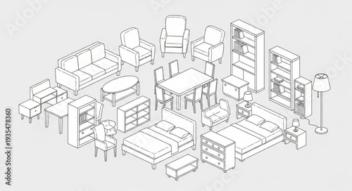 Collection of Isometric Furniture Sketches for Interior Design.