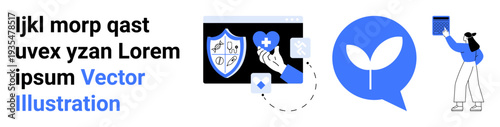 Health technology, cybersecurity, eco-consciousness, data sharing, digital communication, user interaction. Shield and cross symbol, sprout in speech bubble person with device. Health technology
