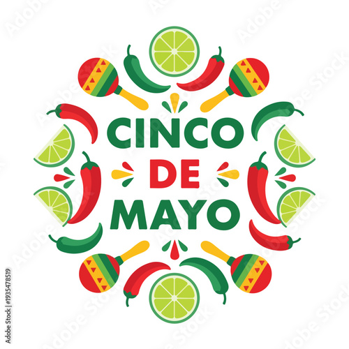 Vibrant Cinco de Mayo graphic with cartoon chili peppers, limes, and maracas on a white background, conveying a festive and lively mood.