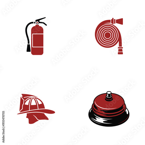 Fire safety icon set with extinguisher hose firefighter helmet and emergency alarm bell.