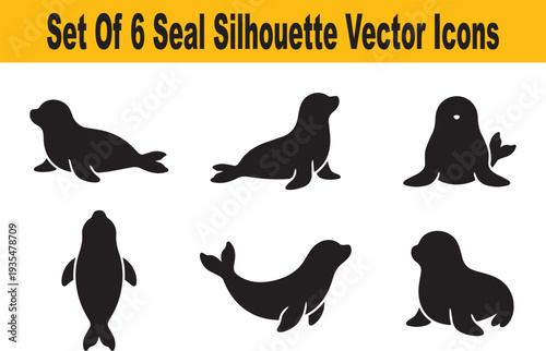 Set Of 6 Seal Silhouette Vector Icons For Arctic And Marine Design.
