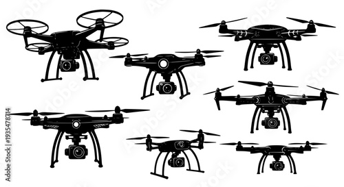 Professional Drone Silhouette Vector Set – Eight Camera-Equipped UAVs EPS 10