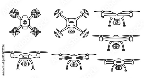 Minimal Line Drone Icons – Eight Camera UAVs Vector Set for Technology & Security
