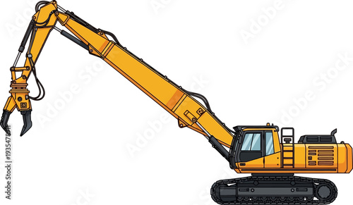 High reach demolition excavator dismantling a tall structure