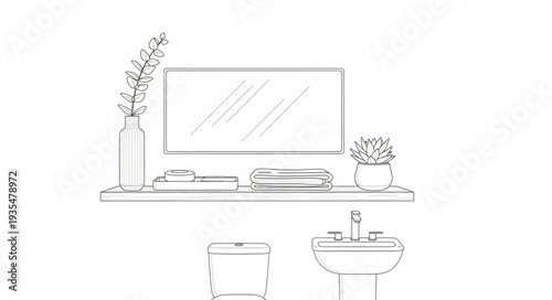 Minimalist Shelf Decor with Mirror and Plants Sketch.