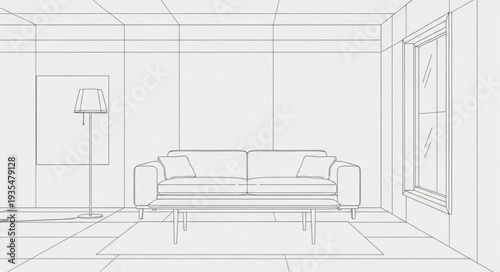 Modern living room sketch with sofa and floor lamp.