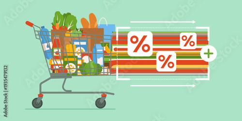 Stretched shopping cart filled with groceries