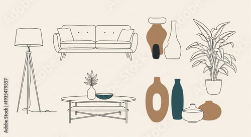 Minimalist line art drawing of modern living room furniture and decor.