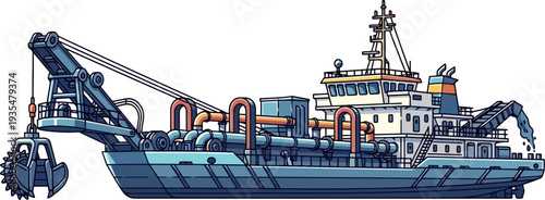 Industrial dredger ship clearing sediment from a harbor floor