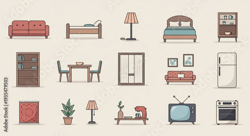 Collection of vintage furniture and home appliances.