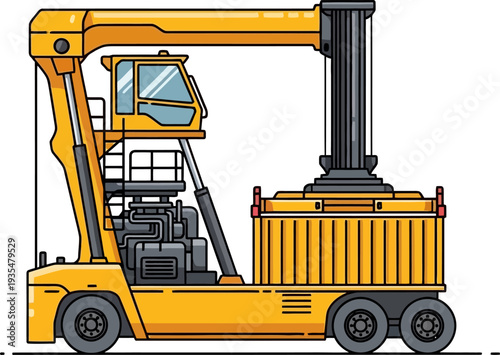 Industrial reach stacker lifting cargo container at port