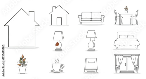 Collection of simple line art icons representing home furnishings and decor.