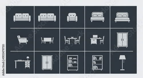 Collection of modern furniture icons for interior design.