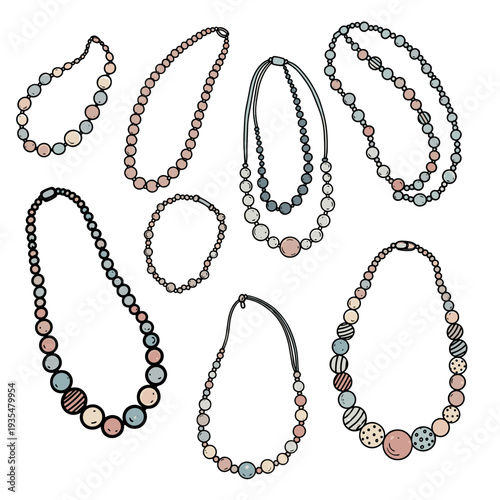 Set of colorful beaded necklaces on a transparent background
