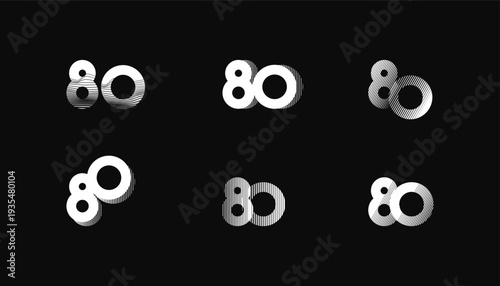 Collection of Number with Abstract Line Pattern  anniversary 80th, 80th Happy Anniversary geometric black and white, celebrating and greeting design banner.