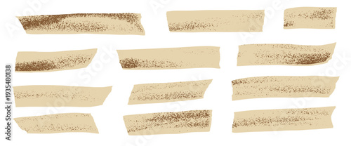 Grunge grain textured washi tape collection with decorative paper strips, sticky masking elements, and vintage scrapbook stickers for creative craft projects and journal decoration.