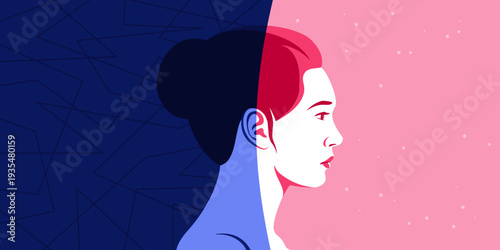 Woman looking into the light and leaving the darkness behind her