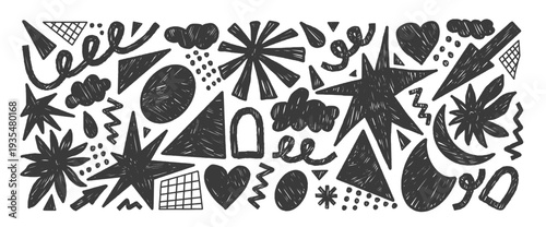 Doodle kids chalk elements abstract shapes. Figures with charcoal texture. Geometric figures, stars, arrow element. Playful scribble stickers pencil y2k. Vector graphics for modern collage isolated.