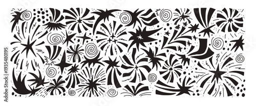 Hand-drawn silhouette fireworks and stars create a doodle background with paper cutout sparkles, confetti, and celebration elements perfect for children's party designs. Vector black star comet bg.