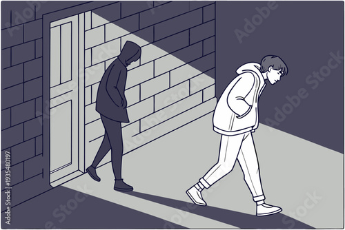 Two people walking down a dark alleyway with one entering a doorway