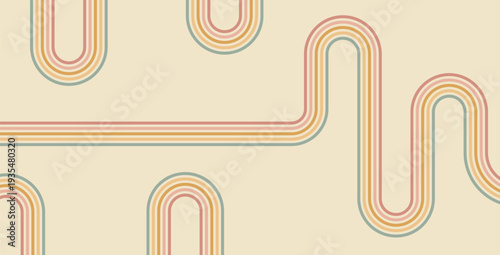 Groovy rainbow background. Wavy stripes vintage colors cover. Playful squiggle wave arch wall design. Vector retro beige wiggle ornament.