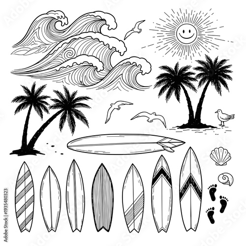 Beach lifestyle doodle set with surfboards, waves, and palms