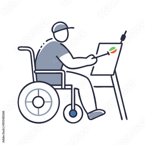 Man in wheelchair painting on easel in minimalist style concept of home repair  