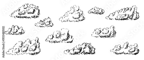 Vintage cloud collection with hand-drawn pen outlines. Vector sketch set featuring retro ink illustrations, nature doodles for artistic weather and sky design. Scribble hatching black freehand element