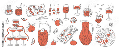 Sangria pitcher, tapas, fruit doodles set. Whimsical cocktail party spanish mediterranean cuisine, drinks. Bachelorette event coquette hand drawn elements. Vector sketch glasses illustration isolated.