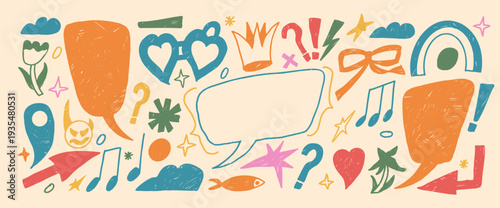 Speech bubble message and crayon quote frames inspired by doodles and childish art. Scribbled text boxes, clouds, marks drawn by pencil or chalk. Vector red, blue collage pieces with a Y2K retro mood.