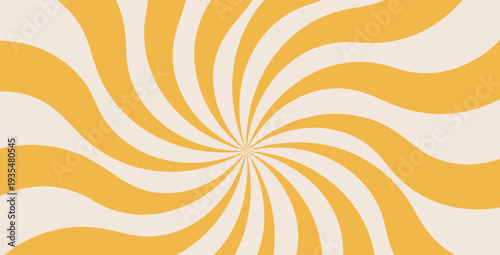 Groovy swirl starburst background. Retro spiral yellow sun rays abstract illustration. Vector wavy retro decoration. Radial carnival stripes vintage backdrop. Sunburst textured 70s pop art design.