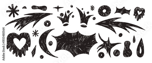 Black bang text box and charcoal abstract geometric shapes set. Geometry and organic freeform naive hand drawn doodle figures. Linocut stars, arrows, heart shape. Vector illustration isolated.