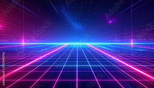 Neon grid floor in digital space with starfield background, suitable for sci-fi, gaming, or technology backgrounds