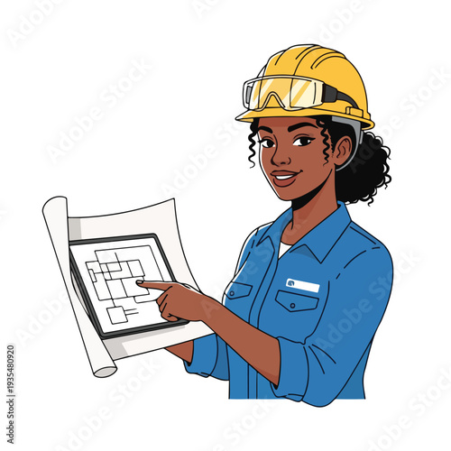 Female Engineer Holding Blueprint and Pointing.