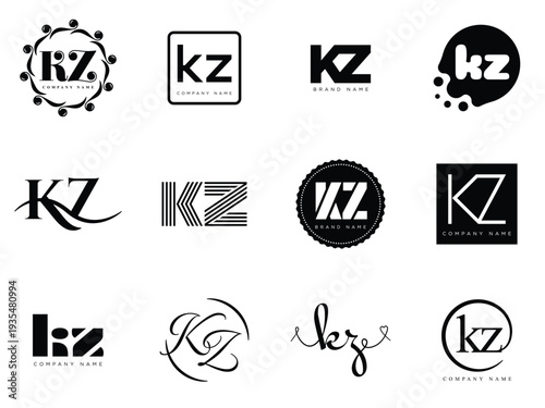 KZ logo company template. Letter k and z logotype. Set different classic serif lettering and modern bold text with design elements. Initial font typography.
