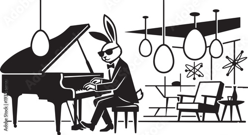 Bunny playing jazz piano in mid-century modern lounge