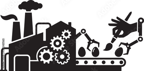 Title: Factory for easter eggs with robotic arms and gears