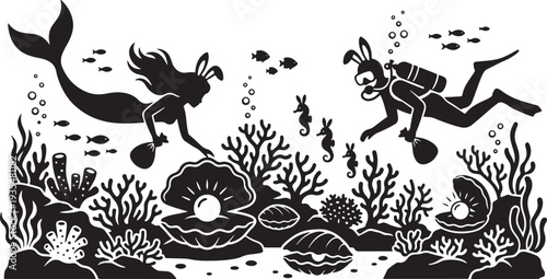 Mermaid and diver searching for pearl eggs in coral reef