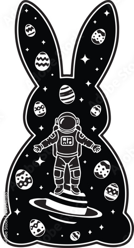 Astronaut in space with rabbit nebula and easter eggs