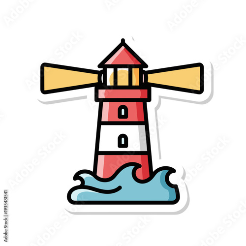 Colorful sticker icon of a lighthouse in ocean waves
