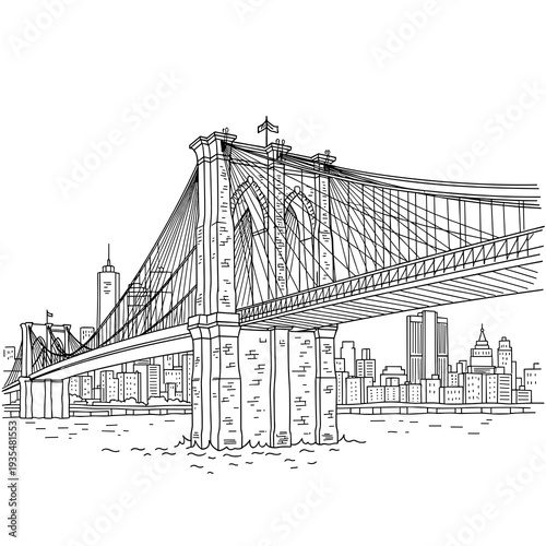 Artistic sketch of a bridge spanning across a city harbor