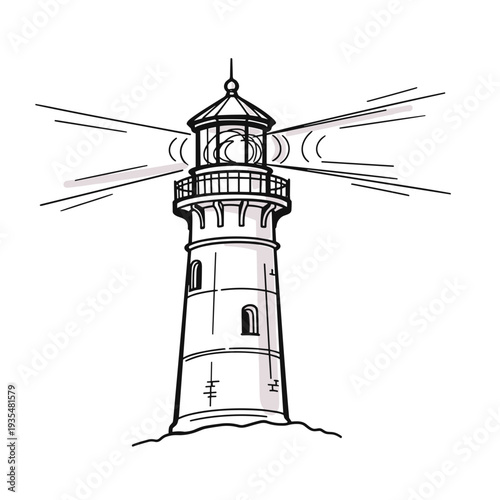 Classic lighthouse sketch with light rays on white